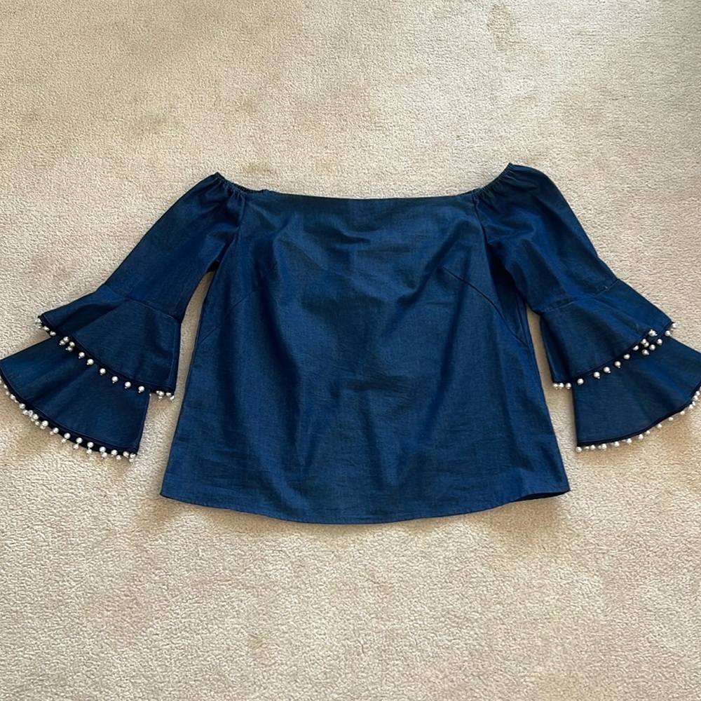 Intermix women’s off the shoulder dark denim top with pearl detailed sleeves  lg